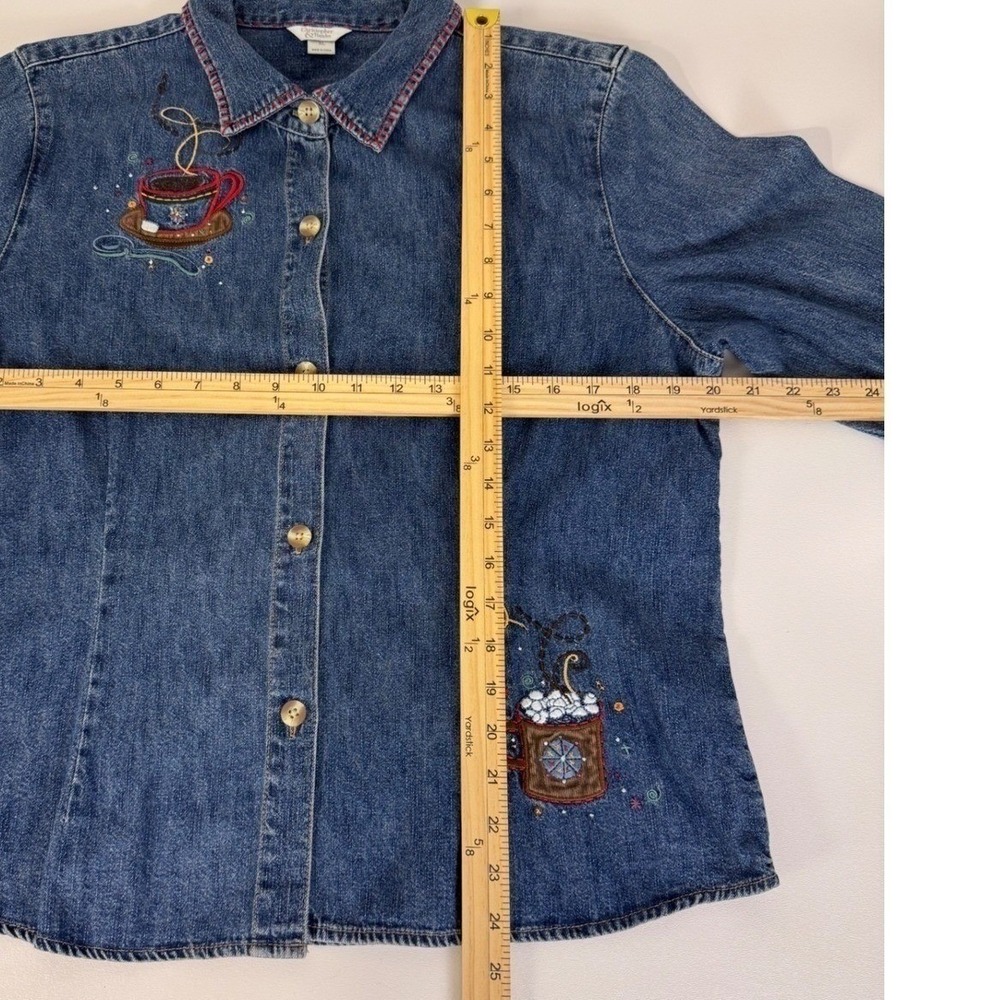 Christopher & Banks Denim Shirt XL Women Blue Cottage Core Coffee Embroidered - Picture 5 of 10